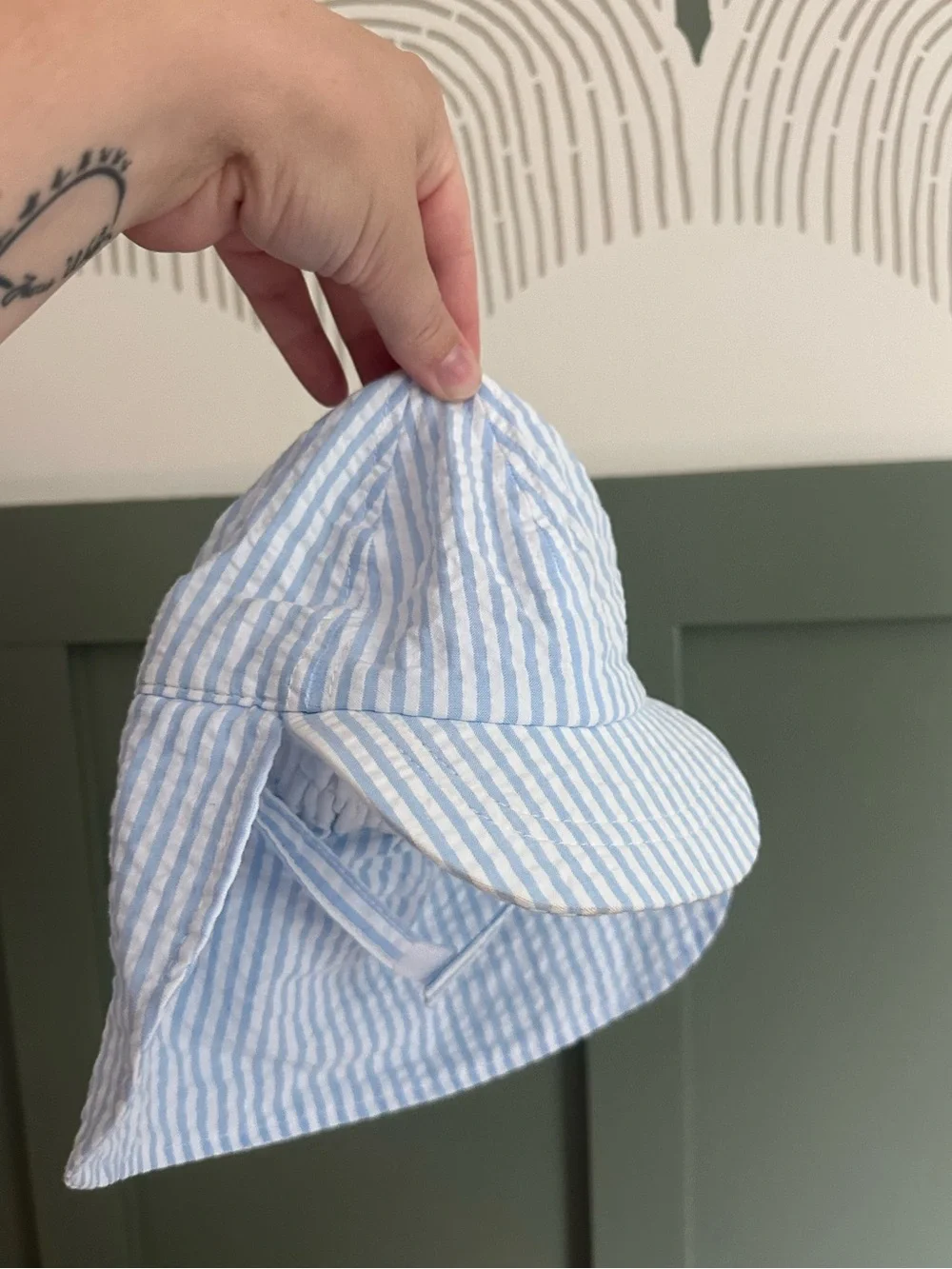 Baby Sun Hat - Seersucker Light Blue & White Stripe 6-12 months